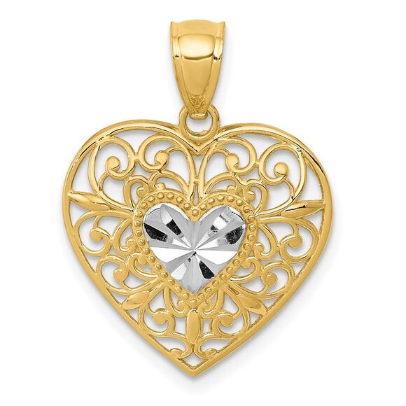 14k Yellow Gold and White Rhodium Filigree Heart Pendant 17mm